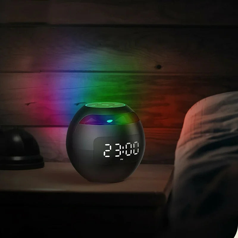 Digital alarm clock featuring a Bluetooth speaker and calming ambiance night light for better sleep.