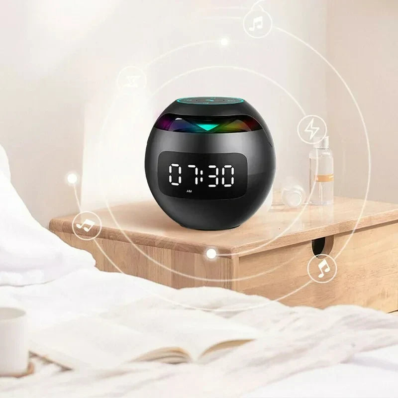 Compact digital alarm clock with Bluetooth speaker and night light, ideal desk accessory for modern spaces.