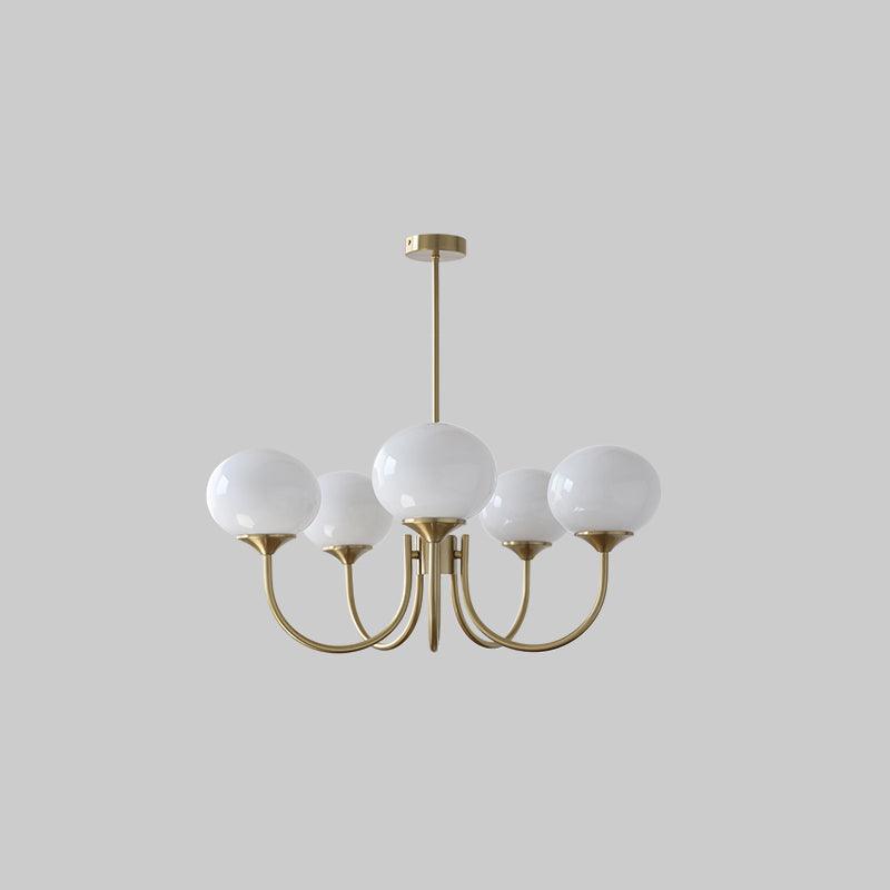 Modern pink and gold chandelier with elegant glass shades, ideal ceiling light fixture for chic home decor and illumination.