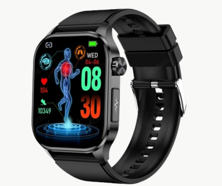 "Modern smartwatch with non-invasive health monitoring features, including blood glucose tracking and sleek black mesh design