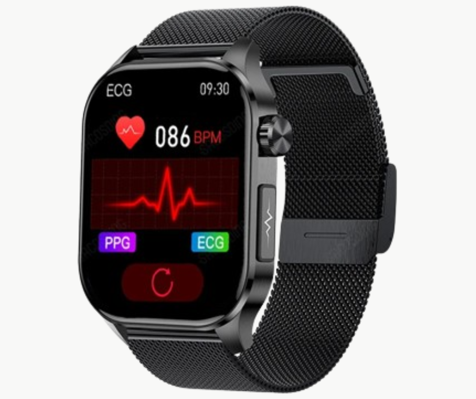 "Modern smartwatch with non-invasive health monitoring features, including blood glucose tracking and sleek black mesh design