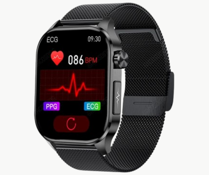 "Modern smartwatch with non-invasive health monitoring features, including blood glucose tracking and sleek black mesh design