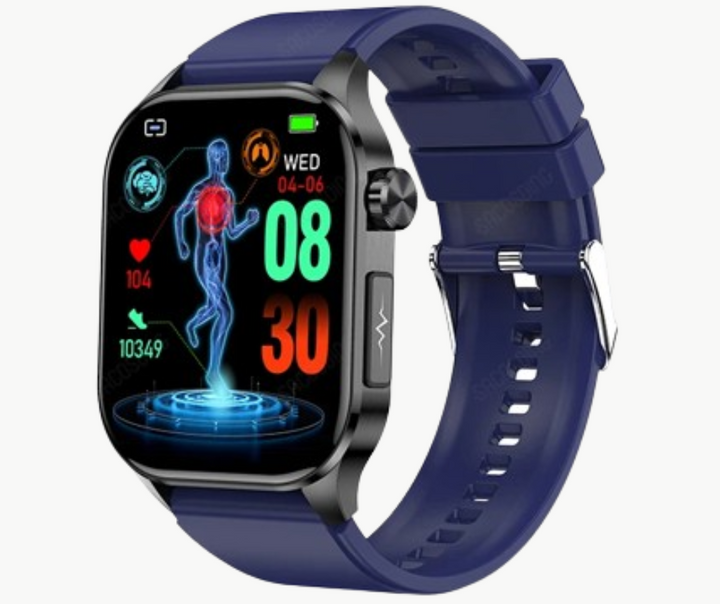 "Modern smartwatch with non-invasive health monitoring features, including blood glucose tracking and sleek black mesh design