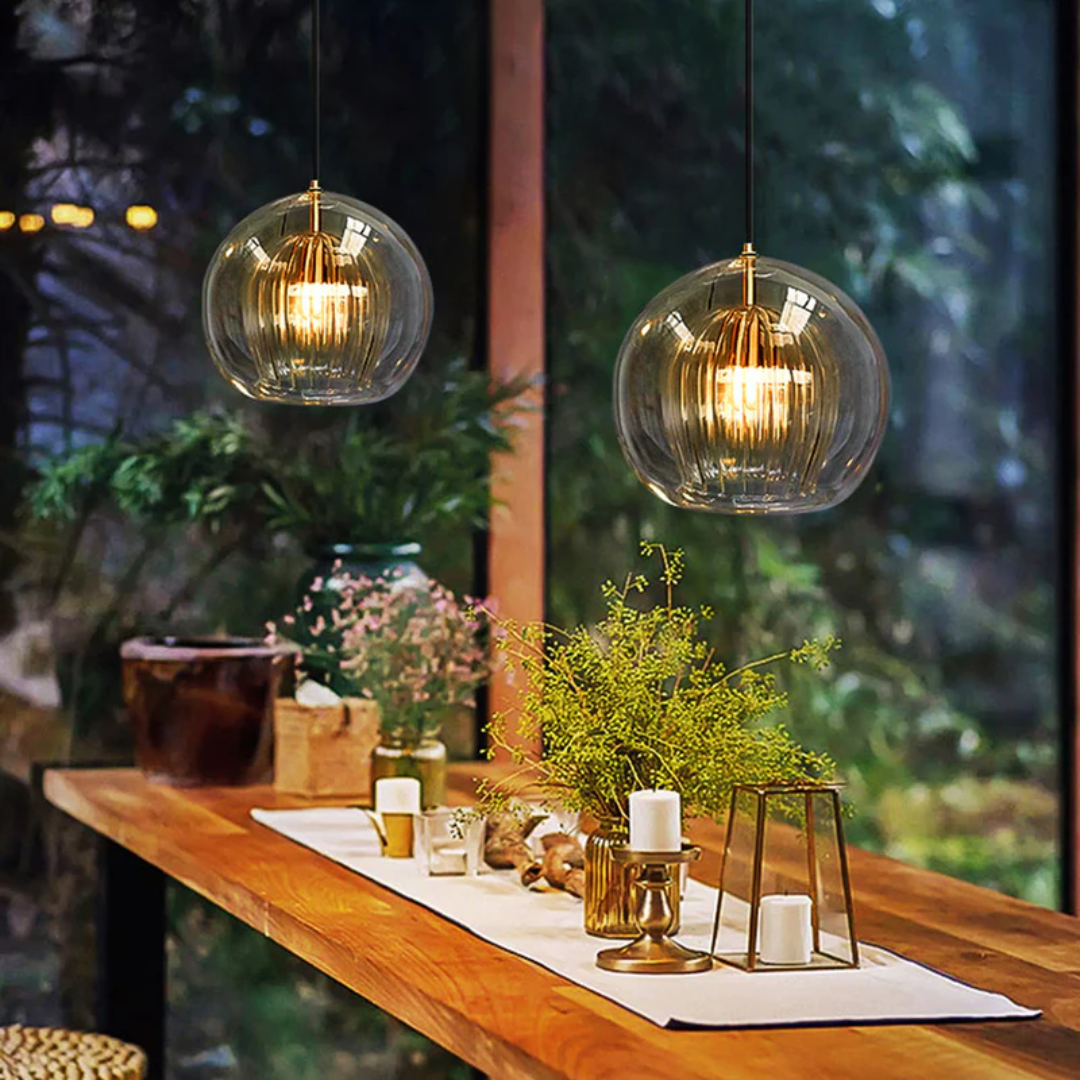 Modern spherical LED pendant light, Aurora Sphere, contemporary home decor accent.