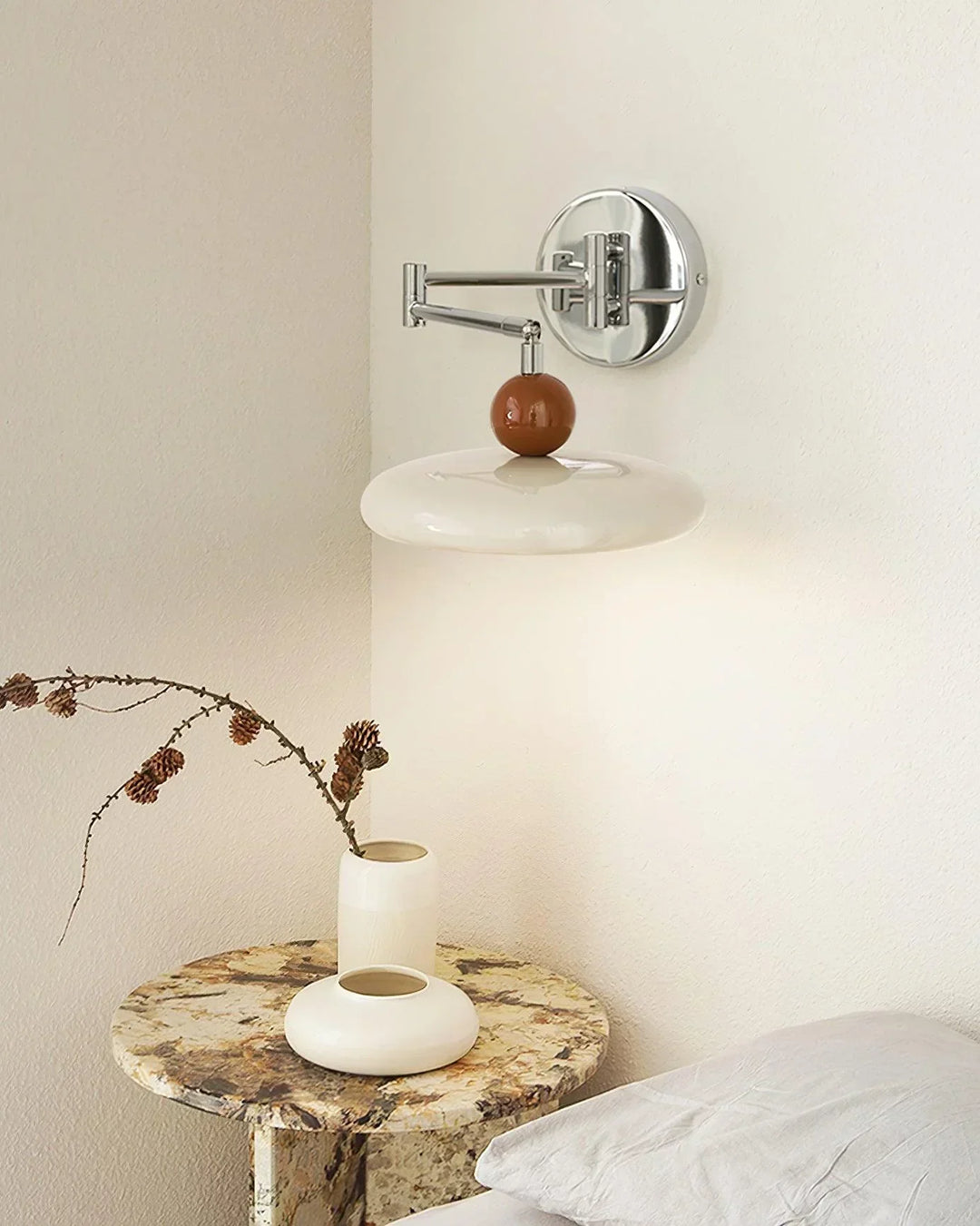 "Modern swing arm wall lamp with adjustable metal arm, acrylic base, integrated LED, beige and green color options."