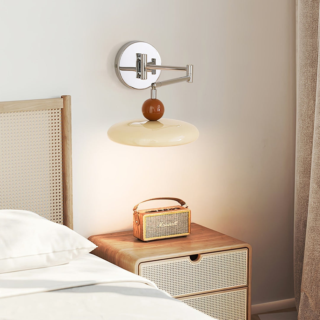 "Modern swing arm wall lamp with adjustable metal arm, acrylic base, integrated LED, beige and green color options."