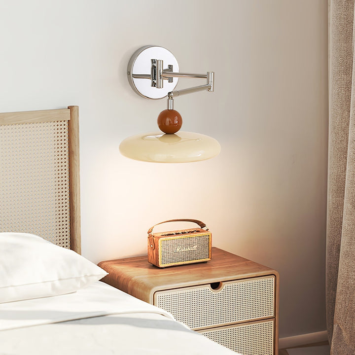 "Modern swing arm wall lamp with adjustable metal arm, acrylic base, integrated LED, beige and green color options."