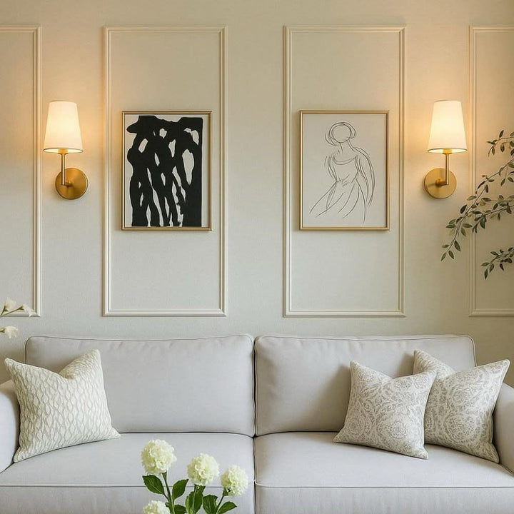 Modern wireless wall sconce with a beige fabric shade, perfect for no-wiring home decor & bedroom lighting.