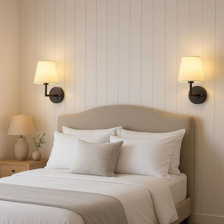 Dimmable fabric shade wireless wall lamp with remote control, ideal for easy-install hallway accent lighting.