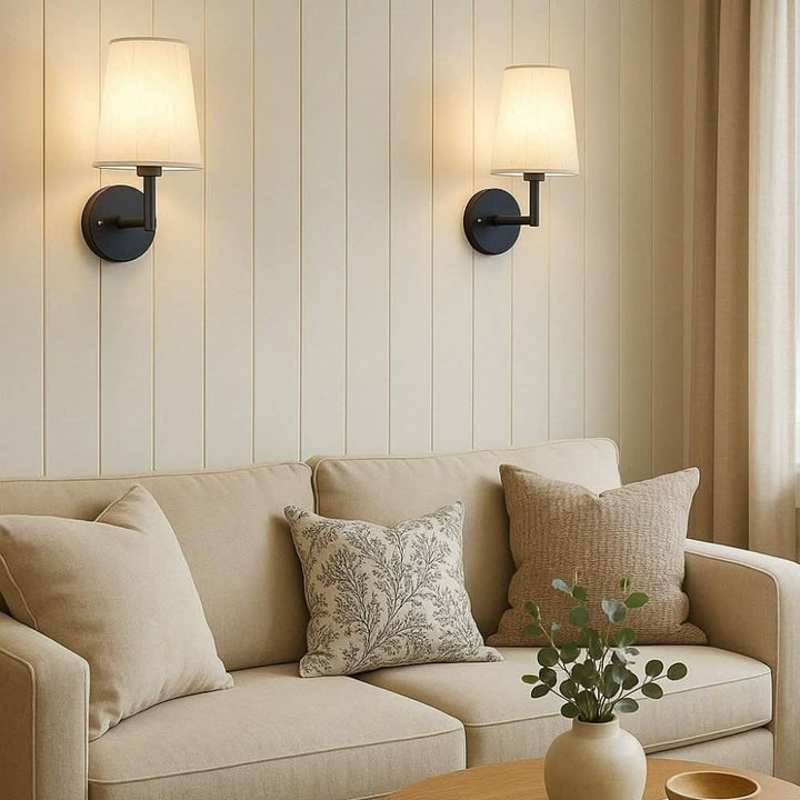 No-wiring wireless wall lamp with a sophisticated fabric shade and remote control, perfect for accent lighting.