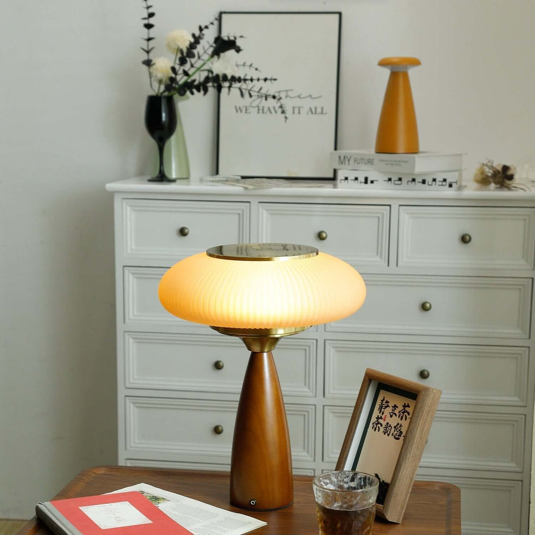 Scandinavian style wooden table lamp with a clear glass globe shade, modern home decor.