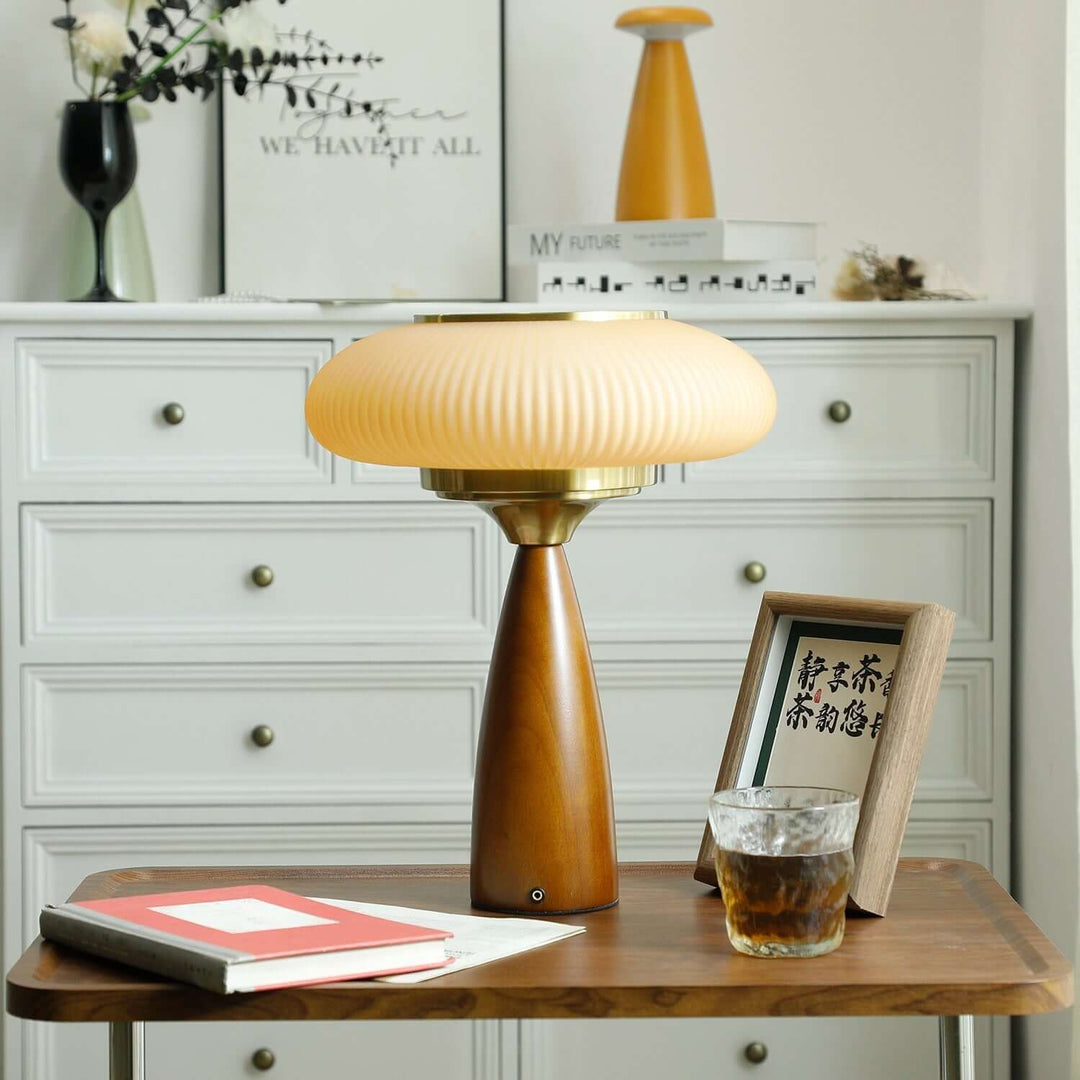 Ambient light modern wooden table lamp, featuring a round glass shade for a cozy feel.