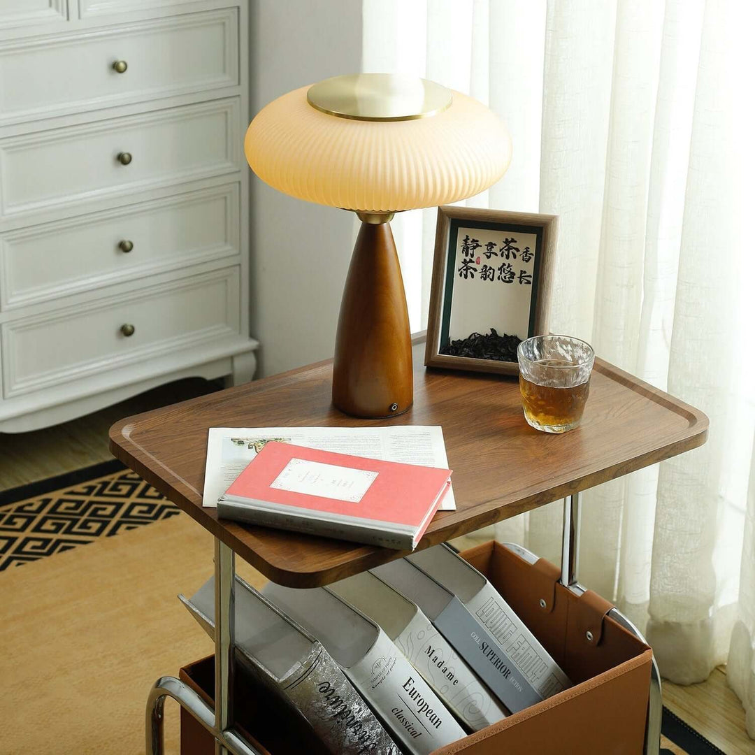 Home decor wooden table lamp with a modern glass shade, offering soft ambient light.
