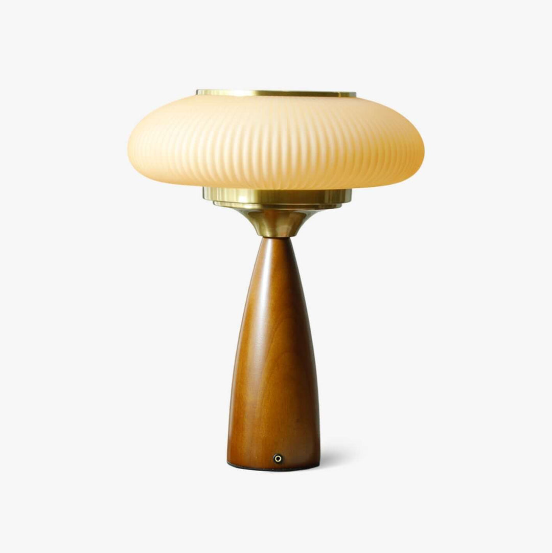 Stylish desk lamp: wooden base and elegant glass shade, perfect for a modern office.
