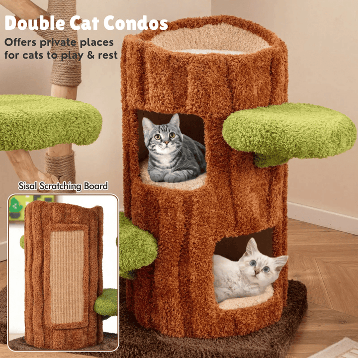 "Multi-level cat tree tower with condo nests, sisal scratch posts, and plush perches for feline comfort and activity."