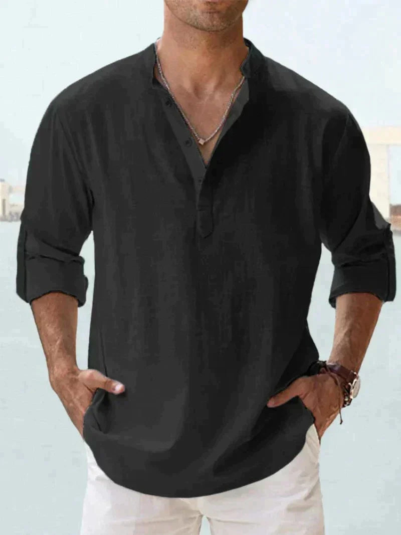 "Navy blue linen casual beach shirt, men's button-down with long sleeves, relaxed fit, perfect for summer outings."