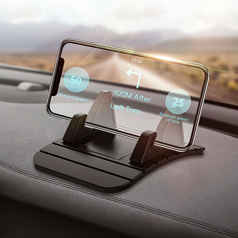 Non-slip silicone phone holder for car dashboard, secure grip in black or rose red, perfect for safe hands-free driving.