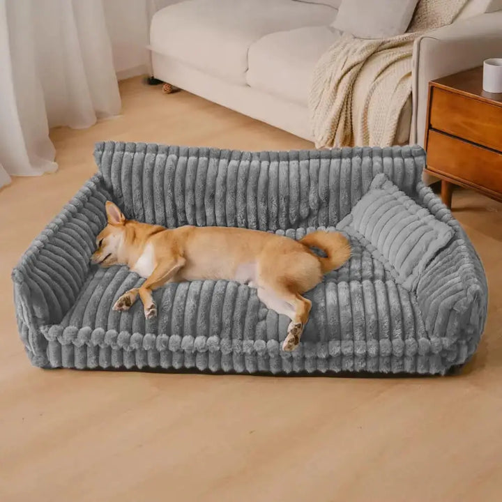 Orthopaedic washable dog sofa in dark grey, light grey or white. Ideal for all breeds, offering plush, joint-supportive comfo
