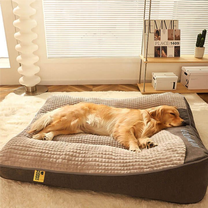 Brown orthopedic dog bed for large dogs, offering durable pet comfort & spine support. Easy-clean washable cover.