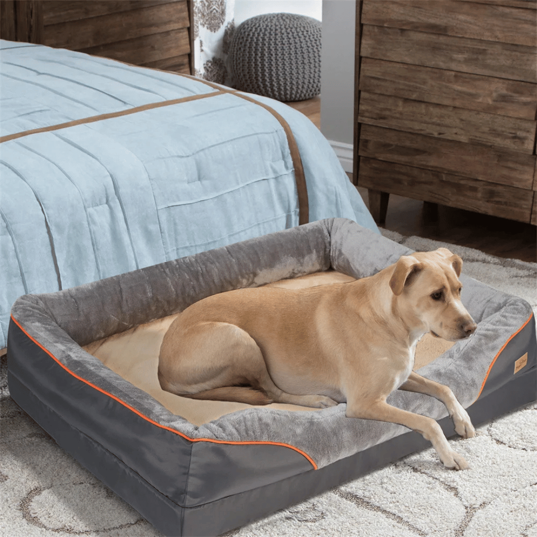 Orthopedic memory foam dog bed, large size, cushioned interior with cotton-padded bolster, perfect for large breeds.