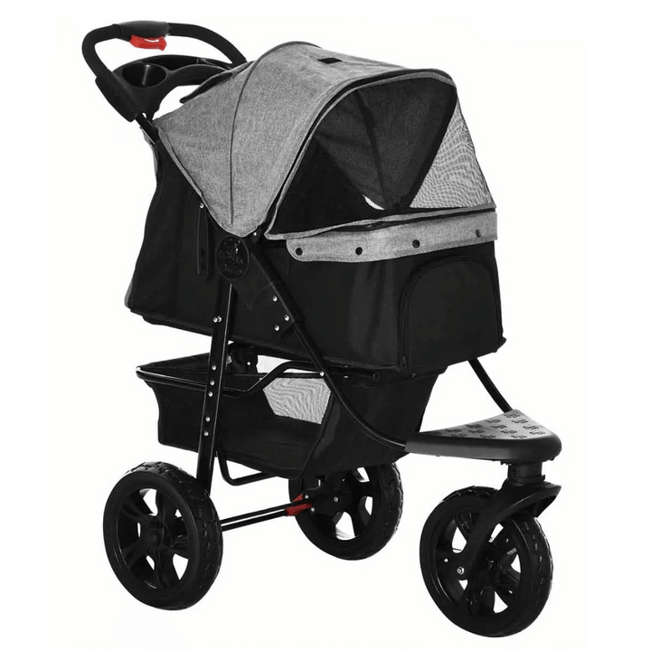 "Outdoor Adventure dog stroller with sturdy wheels, foldable design, and storage basket for pet supplies on any terrain."