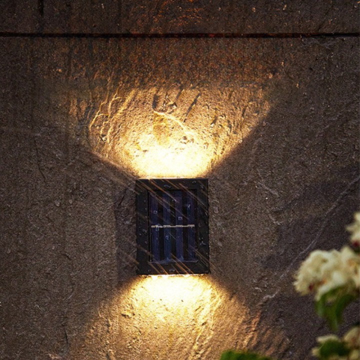 Outdoor LED solar wall lights with automatic sensor, eco-friendly design, providing warm glow for gardens, patios, driveways.