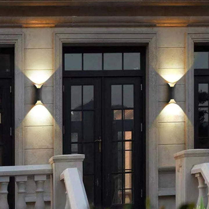 Outdoor LED wall light, modern design, durable aluminum, weatherproof IP65, bright warm light, perfect for gardens and patios