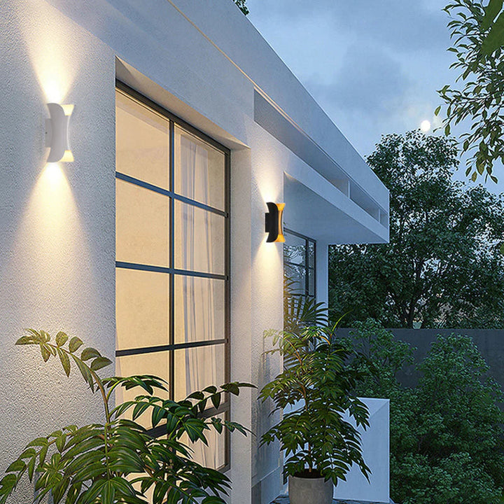 Outdoor LED wall light, modern design, durable aluminum, weatherproof IP65, bright warm light, perfect for gardens and patios