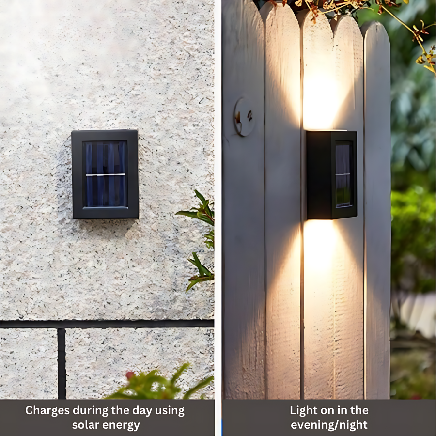 Outdoor Solar LED Wall Light with soft white glow, mounted on patio wall, weather-resistant, perfect for gardens and pathways