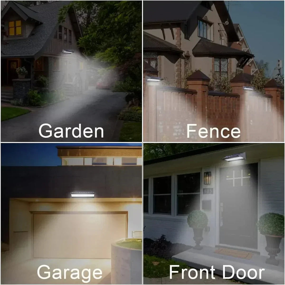 Outdoor solar LED wall lights with motion sensor, sleek black design, aluminum body, cool white LED, IP66 waterproof.