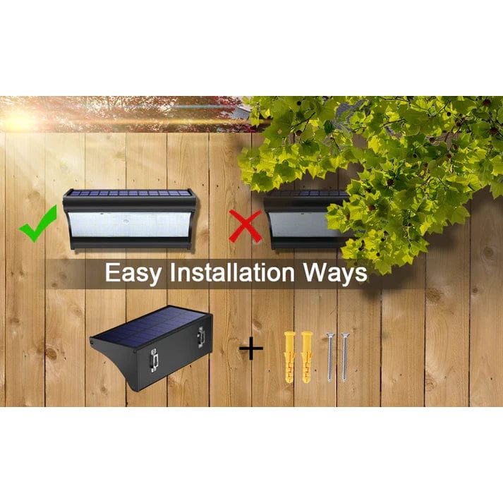 Outdoor solar LED wall lights with motion sensor, sleek black design, aluminum body, cool white LED, IP66 waterproof.