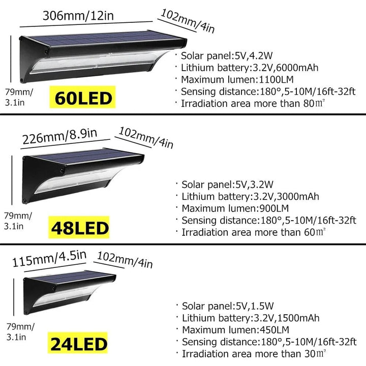Outdoor solar LED wall lights with motion sensor, sleek black design, aluminum body, cool white LED, IP66 waterproof.