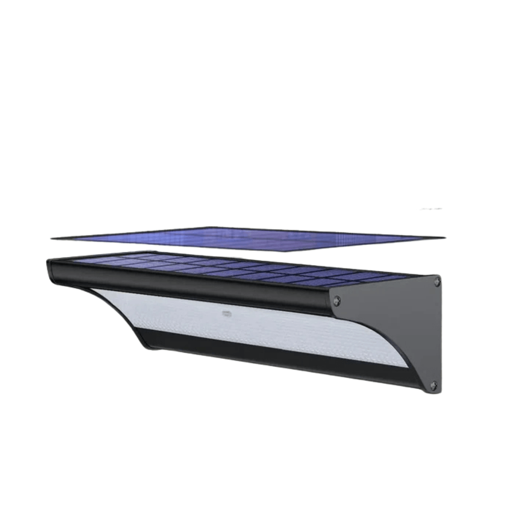 Outdoor solar LED wall lights with motion sensor, sleek black design, aluminum body, cool white LED, IP66 waterproof.