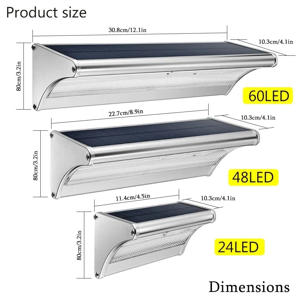 Outdoor solar LED wall lights with motion sensor, sleek black design, aluminum body, cool white LED, IP66 waterproof.