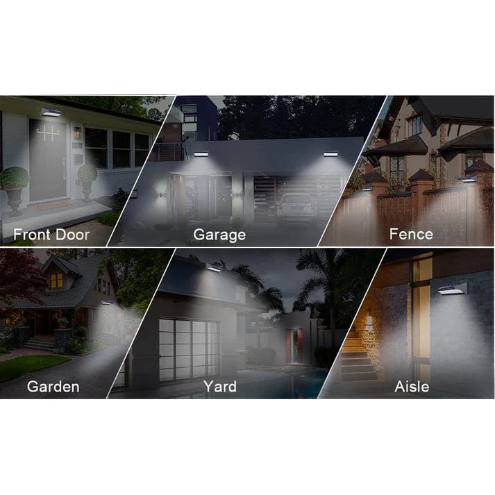 Outdoor solar LED wall lights with motion sensor, sleek black design, aluminum body, cool white LED, IP66 waterproof.