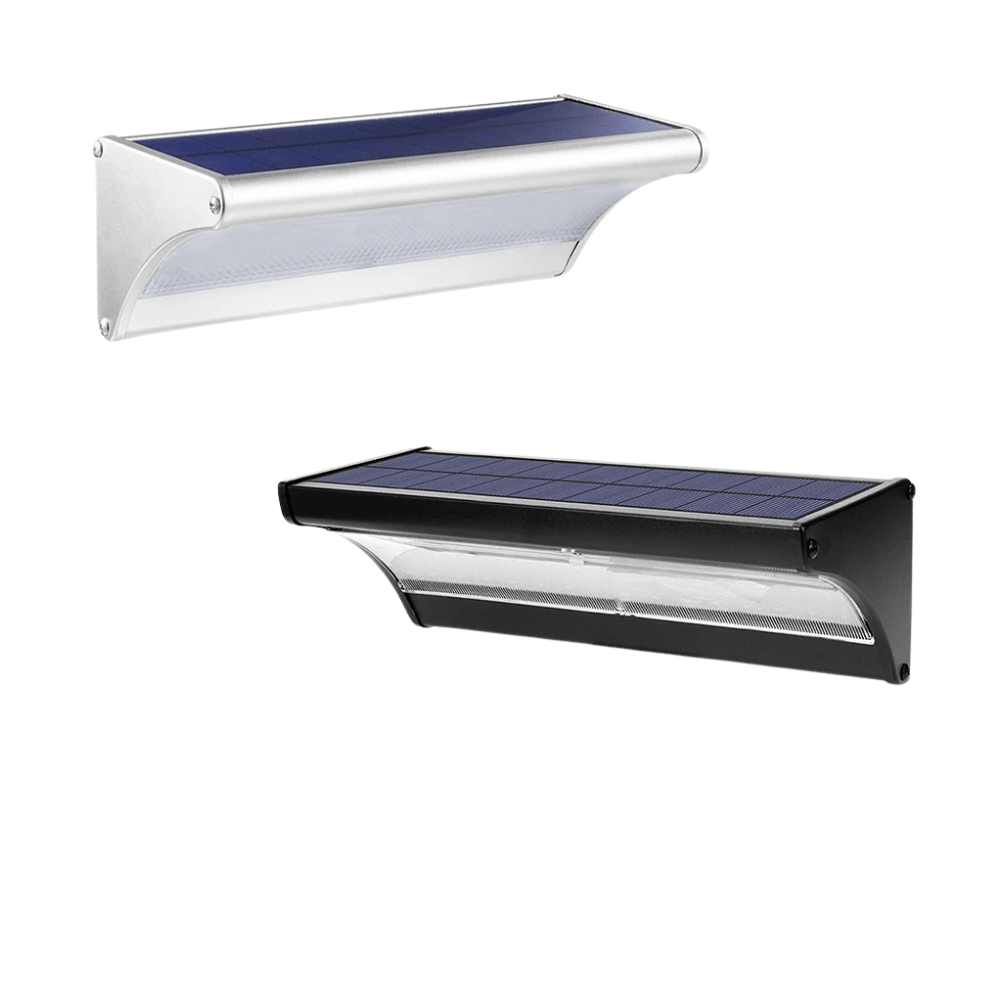 Outdoor solar LED wall lights with motion sensor, sleek black design, aluminum body, cool white LED, IP66 waterproof.