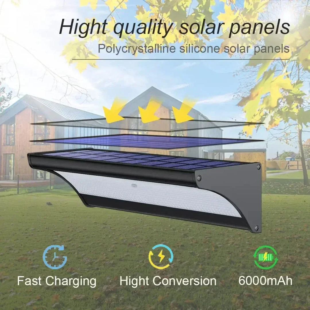 Outdoor solar LED wall lights with motion sensor, sleek black design, aluminum body, cool white LED, IP66 waterproof.