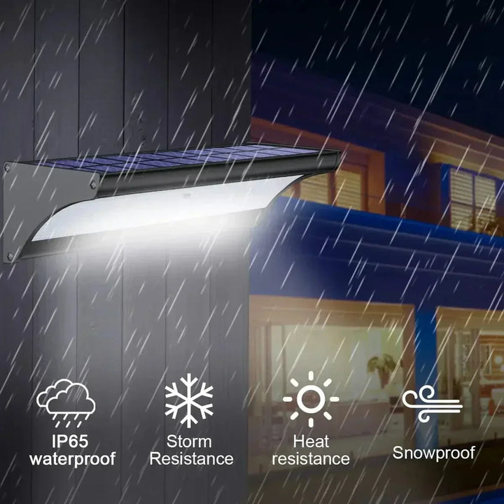 Outdoor solar LED wall lights with motion sensor, sleek black design, aluminum body, cool white LED, IP66 waterproof.