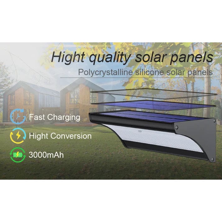 Outdoor solar LED wall lights with motion sensor, sleek black design, aluminum body, cool white LED, IP66 waterproof.