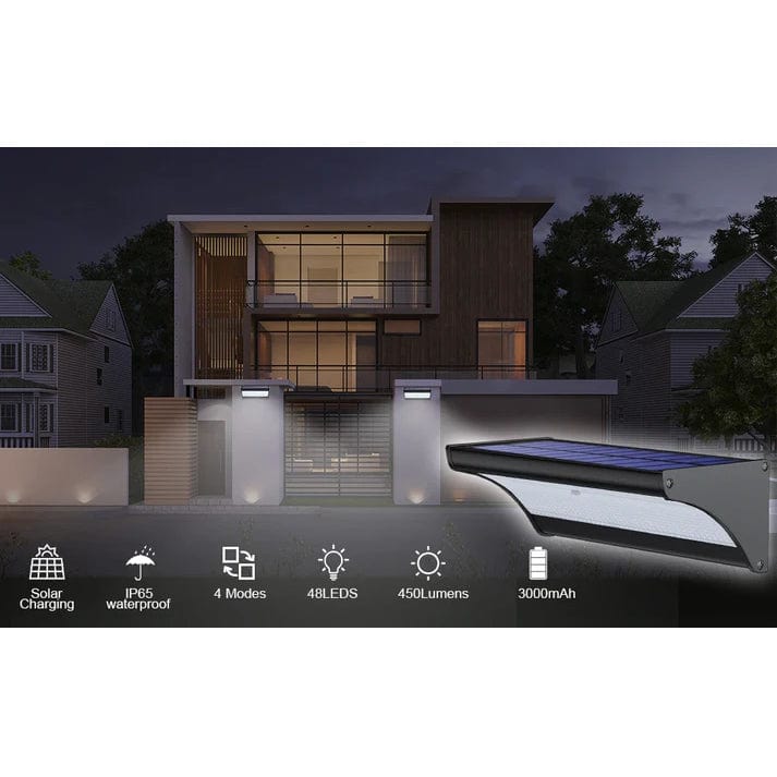 Outdoor solar LED wall lights with motion sensor, sleek black design, aluminum body, cool white LED, IP66 waterproof.