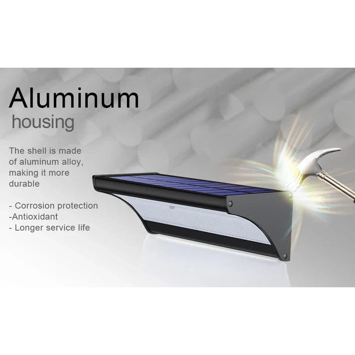 Outdoor solar LED wall lights with motion sensor, sleek black design, aluminum body, cool white LED, IP66 waterproof.