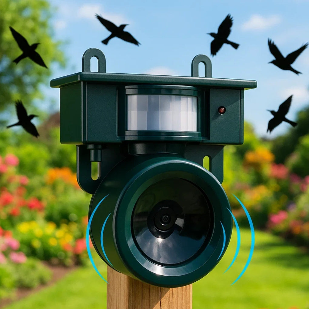 Outdoor solar powered motion sensor bird repeller & scarer, perfect for garden and yard defense pest control.