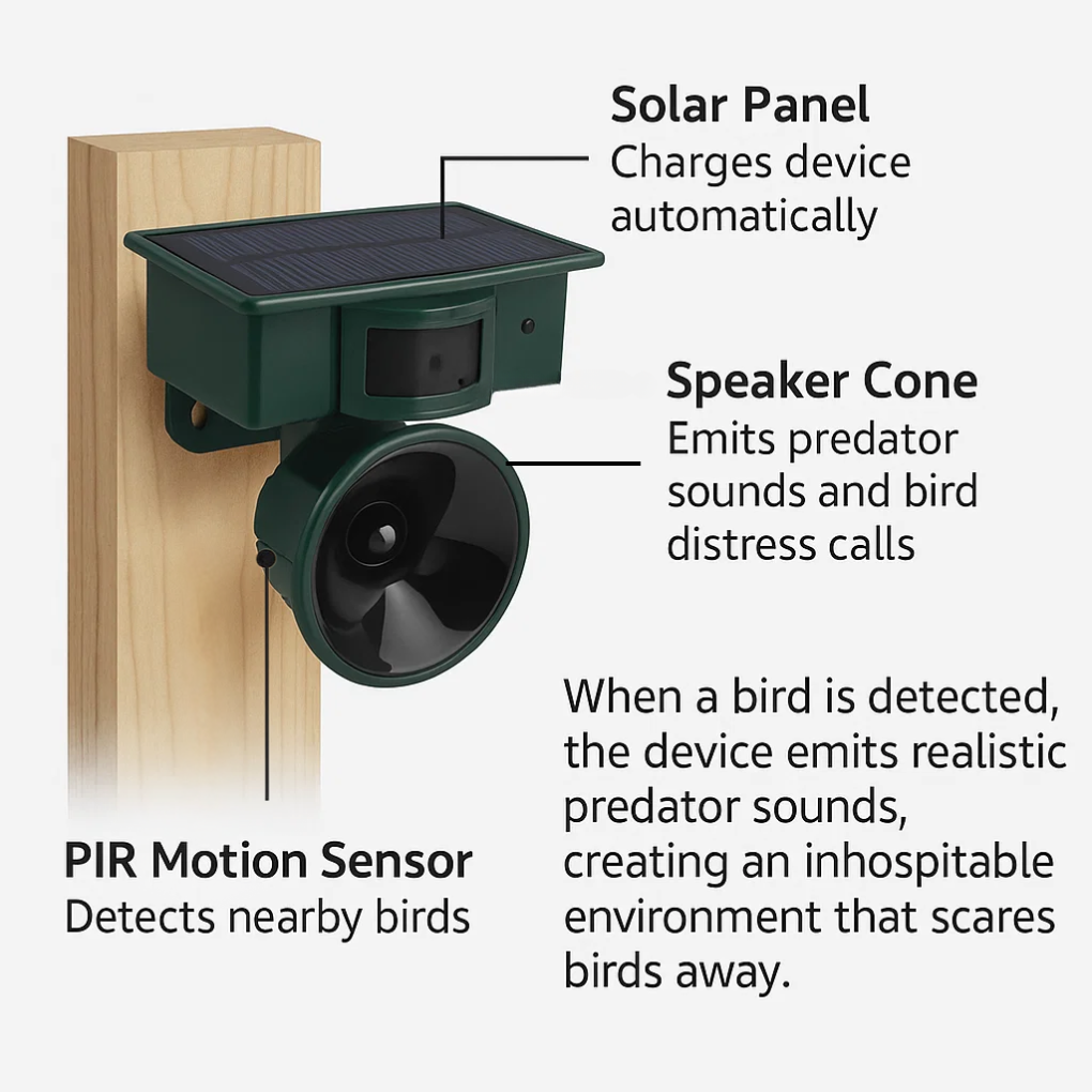 Ultrasonic outdoor bird repeller with motion sensor for humane wildlife control and garden protection.