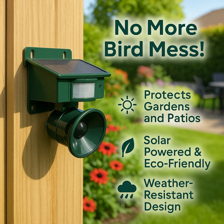 Solar powered bird scarer and repeller, an easy-to-install outdoor solution for garden pest control.