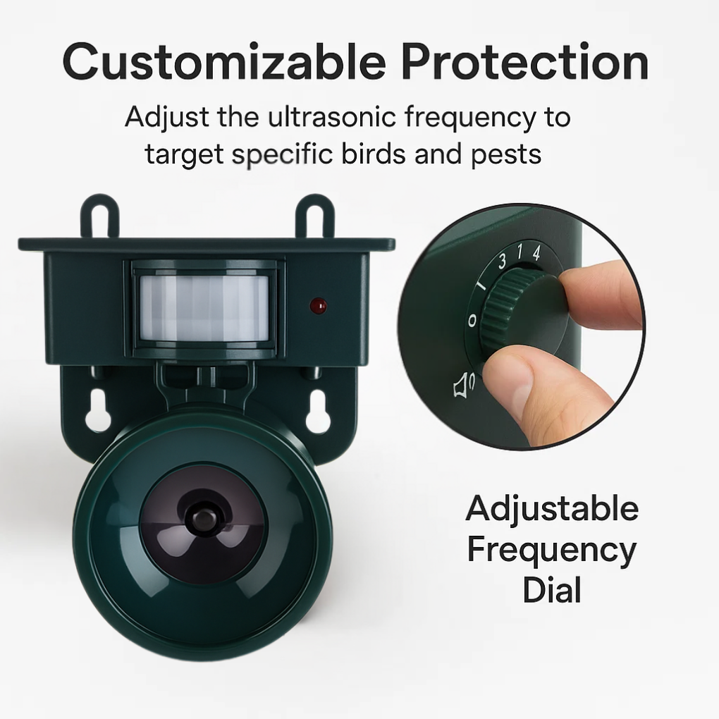 Advanced outdoor bird repeller, solar powered & motion activated, for effective garden pest and wildlife control.