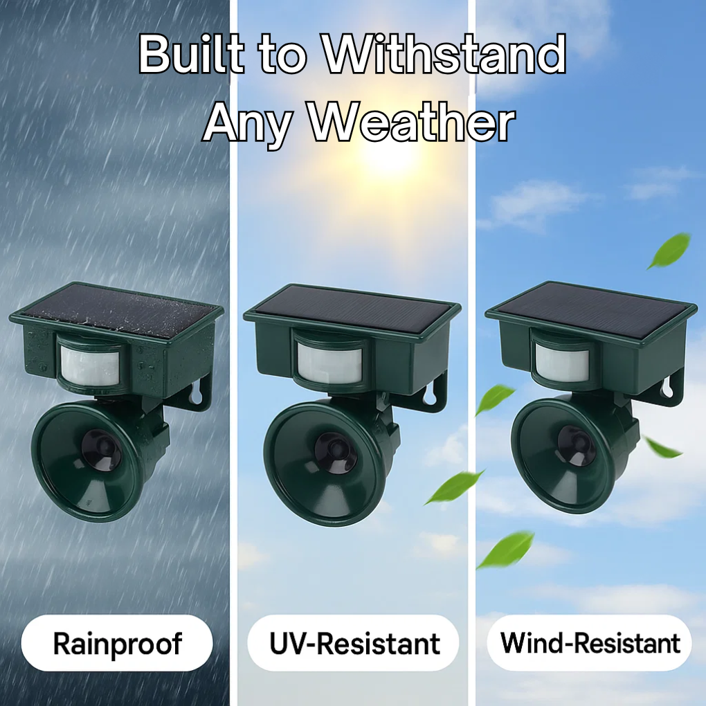Efficient bird repeller using ultrasonic & motion sensing tech, for outdoor garden and yard pest defense.