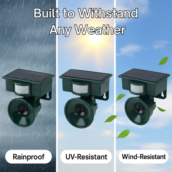 Efficient bird repeller using ultrasonic & motion sensing tech, for outdoor garden and yard pest defense.
