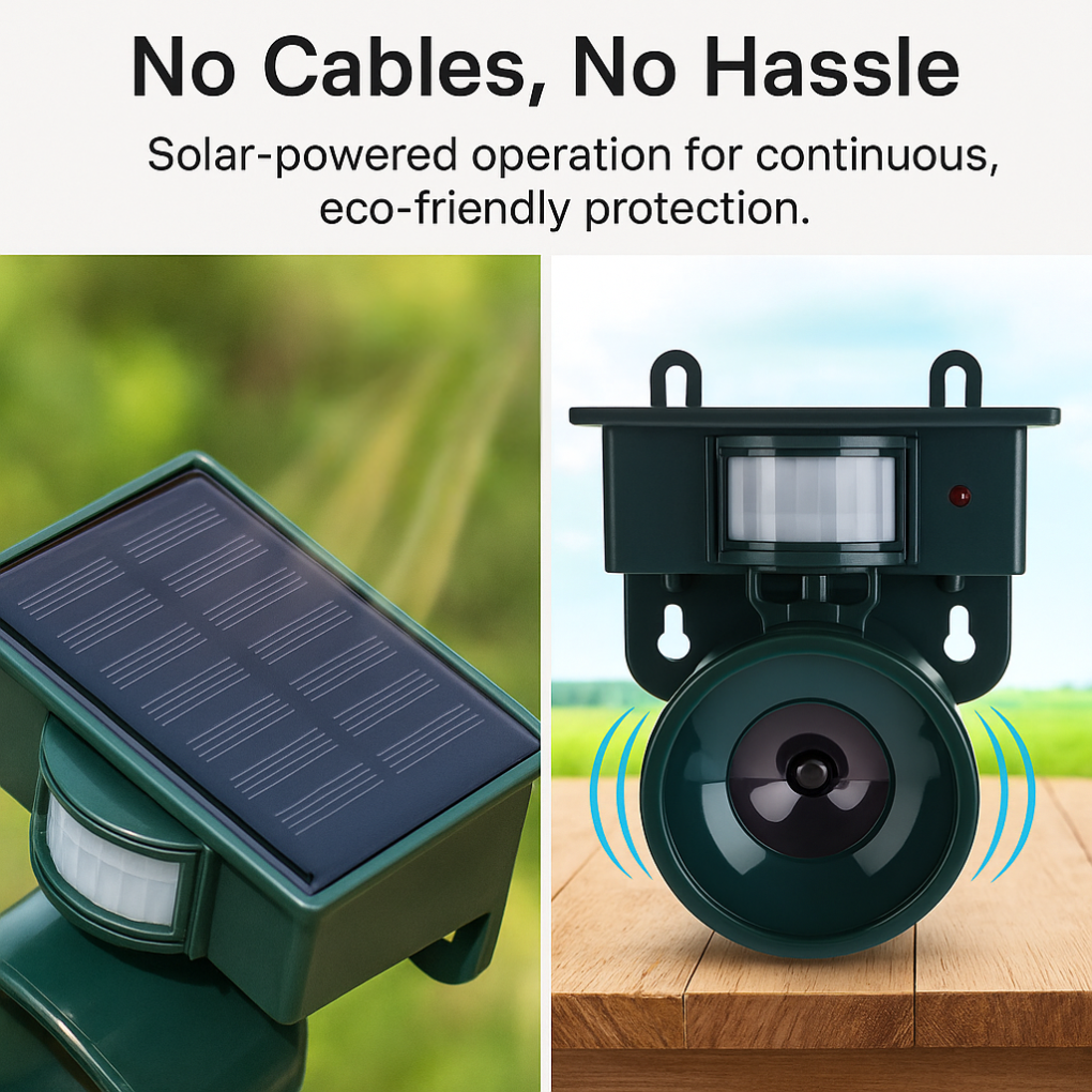 Outdoor bird scarer and repeller with a motion sensor for reliable garden protection and pest deterrence.