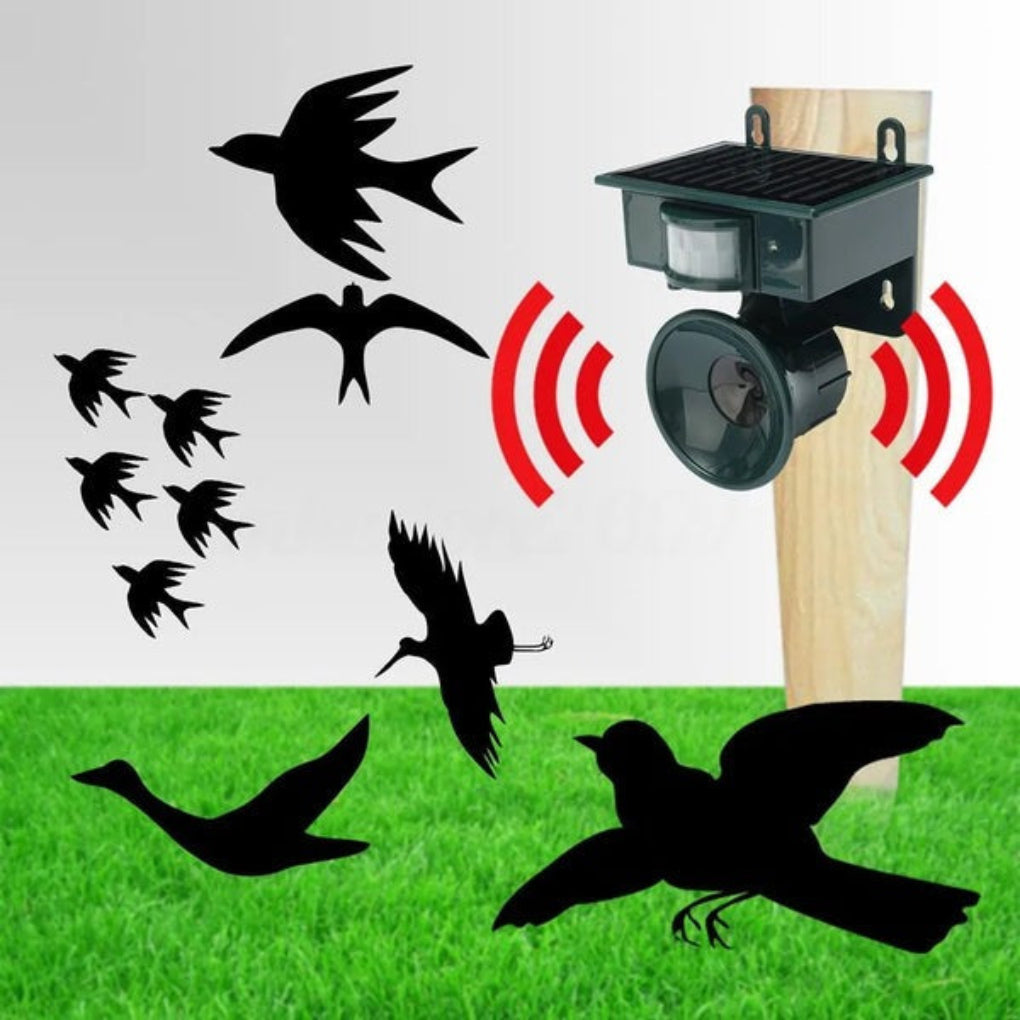 Yard defense solution: solar powered bird repeller & scarer with motion sensor for effective outdoor pest control.