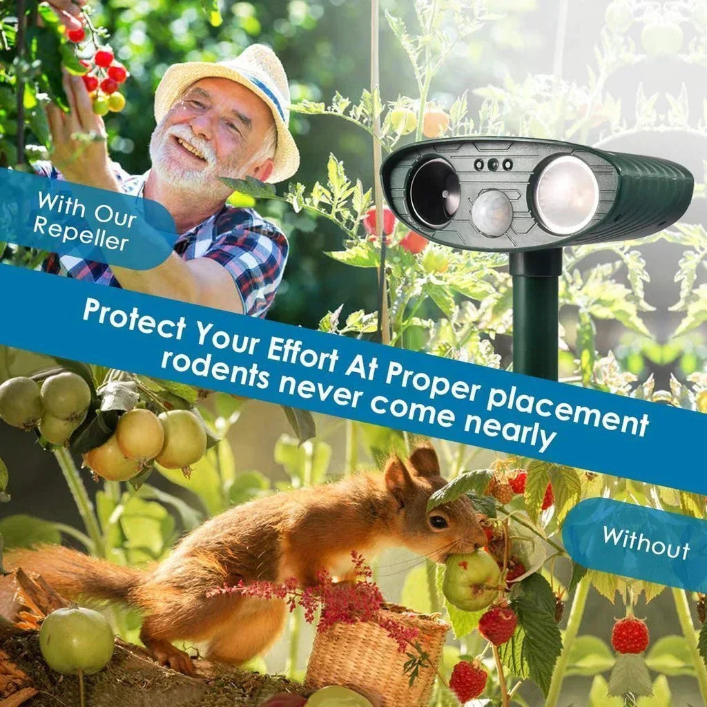 "Outdoor solar-powered ultrasonic deer repeller in garden setting, showcasing green and grey weather-resistant design."